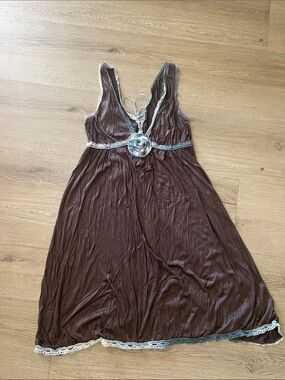 Free People Brown Boho Midi Dress with Cream Lace Trim